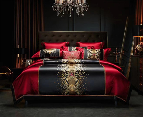 Pattern: Irena Red, Dimensions: 7 Piece Bed Sheet Set - Silk Cotton Embroidery Four-piece Set Bed S Q119-CJYD193215903CX