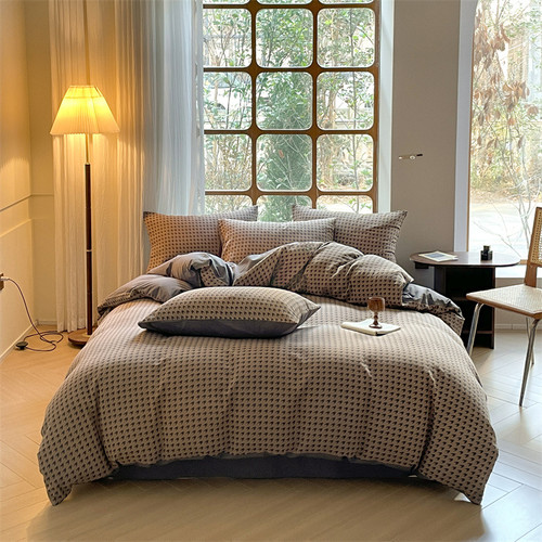 Color: Light Brown Gray, Size: 1.5m fitted sheet - Houndstooth Cotton Double-layer Yarn Four-piece  Q119-CJCS245969202BY