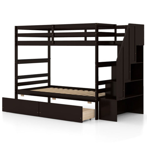 Twin Over Twin Bunk Bed with Storage Stairs and Drawers-Coffee - Color: Coffee D681-HU10963CF+