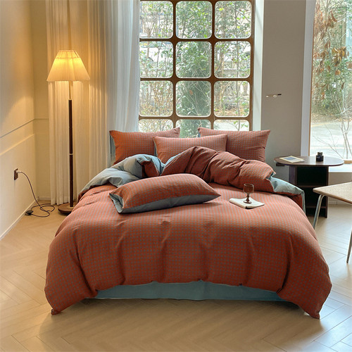Color: Orange, Size: 1.5to1.8m flat sheet - Houndstooth Cotton Double-layer Yarn Four-piece Set Sin Q119-CJCS245969216PK
