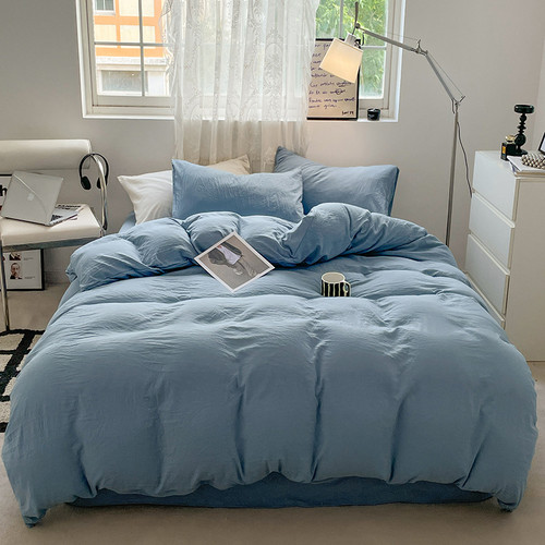 Color: Cream Blue, Size: 1.5m 4PCs Quilt Cover 180x220 - Solid Color Super Soft Washed Cotton Bed F Q119-CJCS244183166NM