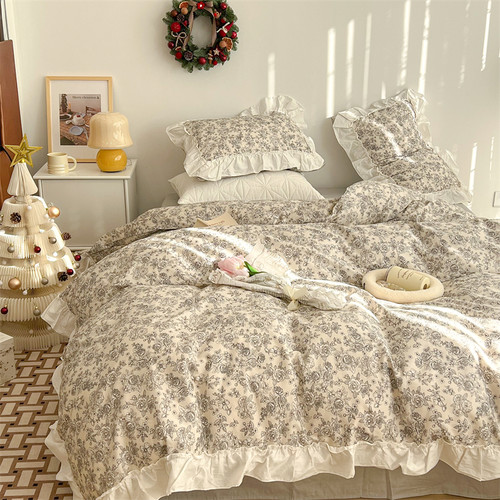 Color: Morris Flower Hou flat sheet, Bedding Size: 1.8M 4Pcs set - French Blue Rose Ruffle Cotton 4 Q119-CJCS158670766NM