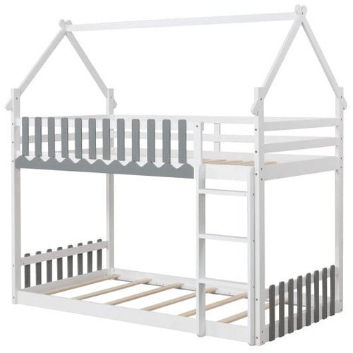 Twin Over Twin Bunk Bed with Fence and Ladder for Kids-White - Color: White - Size: Twin Size D681-HU10908WHT+