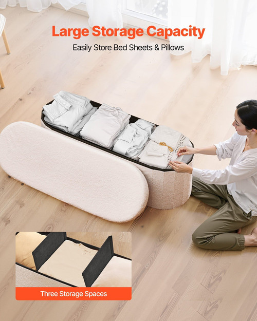 Oval Storage Ottoman Bench, Foldable Teddy Fleece End of Bed Bench, Folding Upholstered Bed Ottoman E415-BYWSZYKZDK40BI0GO001V0