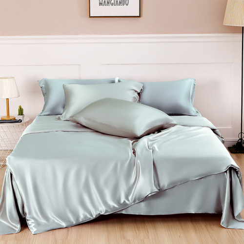 Color: Water grey, Size: 2m fitted sheet - Silk Four Piece Set, Solid Color, Simple Nordic Style Q119-CJCS161279042PK