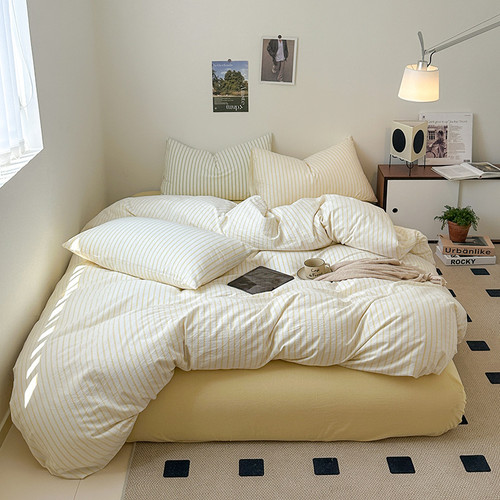 Pattern: Light Yellow Stripe, Size: 1.5m Fitted Sheet - Cotton Yarn-dyed Washed Cotton Four-piece S Q119-CJCS188210263KP