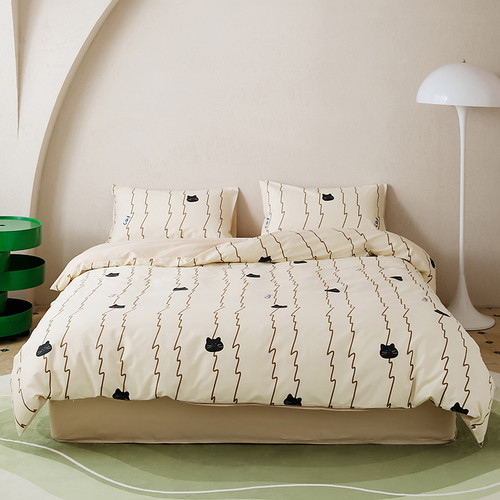 Pattern: Wave Cat, Size Specification: 1.5m Fitted Sheet Four Pieces - 2024 New All-cotton Printed  Q119-CJCS208141714NM