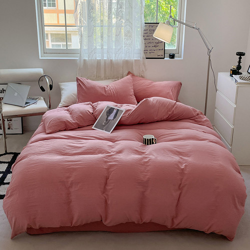 Color: Monroe Pink, Size: 1.8m 4PCs Quilt Cover 180x220 - Solid Color Super Soft Washed Cotton Bed  Q119-CJCS244183133GT