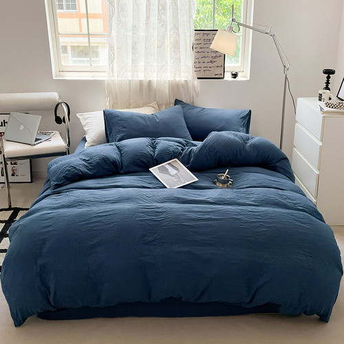 Color: Blue, Size: 1.5m 4PCs Quilt Cover 180x220 - Solid Color Super Soft Washed Cotton Bed Four-pi Q119-CJCS244183126ZA