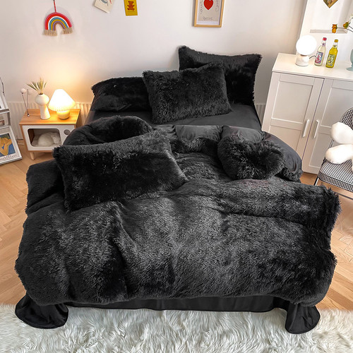 Pattern: Dazzling Black, Size Specification: 1.8M Fitted Sheet - Mink Fur Fabric Long Wool Thickene Q119-CJCS253803272TG