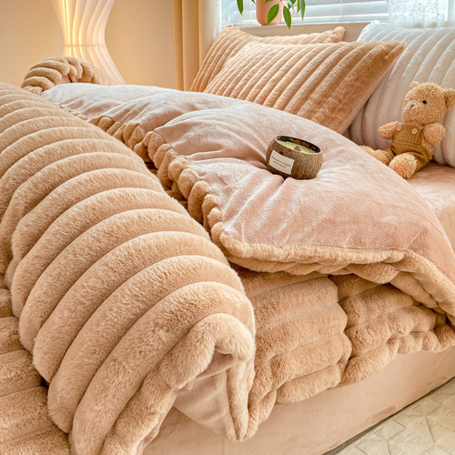 Color: Light Coffee, Style: 1.8M fitted sheet - Rabbit Plush Four-piece Set Thickened Milk Fiber Sh Q119-CJCS253284725YB