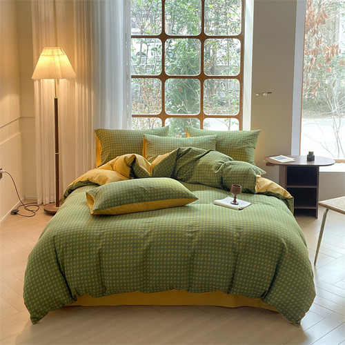 Color: Mustard Green, Size: 2.0m flat sheet - Houndstooth Cotton Double-layer Yarn Four-piece Set S Q119-CJCS245969214NM