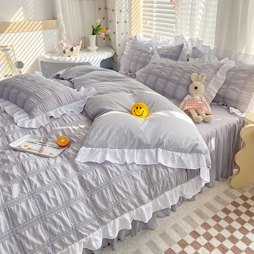 Color: Grey, Size: 1.5M B Bed Skirt - Solid Color Four-piece Quilt Cover Bed Skirt Bedding Set Q119-CJCS153282652ZA
