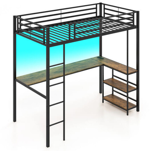 Twin Size Loft Bed Raised Platform Bed with Desk and 2 Storage Shelves-Black - Color: Black D681-HU10739DK