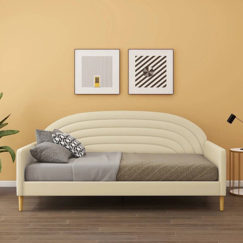 Twin size Mid-Century Modern Off-White Cream Velvet Upholstered Daybed Q280-CRUDB253917519