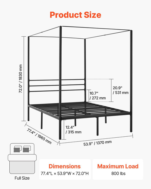 Full Size Canopy Bed Frame, Metal Canopy Bed with Four Posters Design, Heavy Duty Steel Slats Suppo E415-HGCJSFGFULLHSXSHO001V0