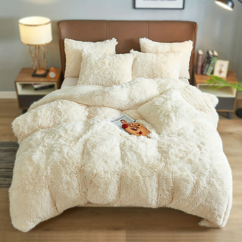 Pattern: Beige, Size Specification: 103.94X90.16INCH - 4PCs Plush Duvet Cover Set Luxury Ultra Soft Q119-CJYD241702819SH