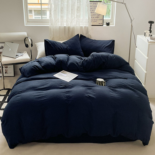 Color: Phantom Blue, Size: 1.5m 4PCs Quilt Cover 180x220 - Solid Color Super Soft Washed Cotton Bed Q119-CJCS244183161IR