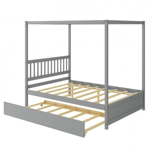 Gray Full Size Canopy Platform Bed with Twin Roller Trundle Bed Q280-GRCD0716