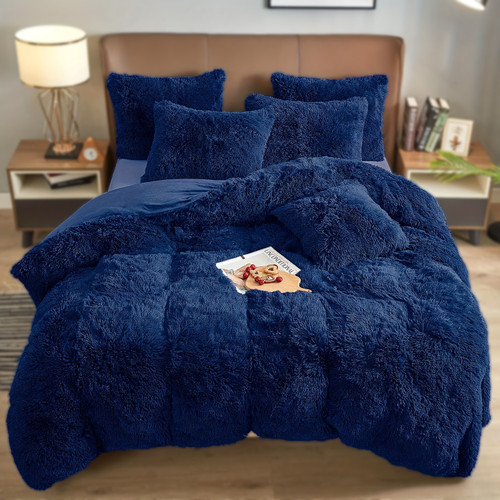 Pattern: NavyBlue, Size Specification: 103.94X90.16INCH - 4PCs Plush Duvet Cover Set Luxury Ultra S Q119-CJYD241702825YB