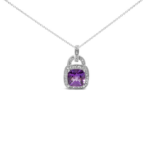 .925 Sterling Silver 10X10 MM Cushion Purple Amethyst and Diamond Accent Halo 18" Pendant Necklace  N162-017933NASH