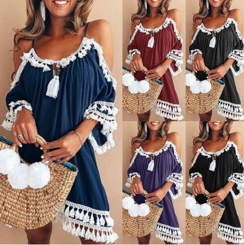 Color: Purple, Size: XL - Summer explosions hanging neck tassels net color strapless dress short sk Q119-CJNSSYLY00650-Purple-XL