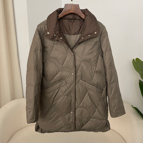 Color: Brown, Size: XL - Women's Mid-length White Duck Down Retro Loose Xiangyun Stand Collar Coat Q119-CJYD256493736JQ