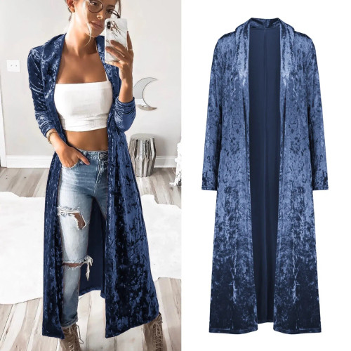 Color: Blue, Size: XL - 2024 Long Velvet Kimono Cardigan Windbreaker Women Jacket Pure Color Fashio F640-12000043306215598