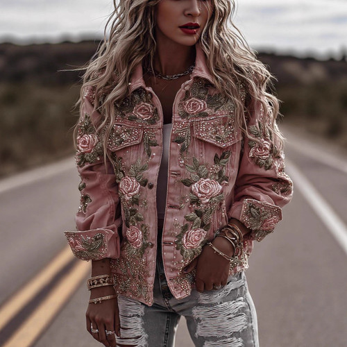 Women's Vintage Patchwork Print Turned Hem Denim Jacket Q119-CJYD2613602