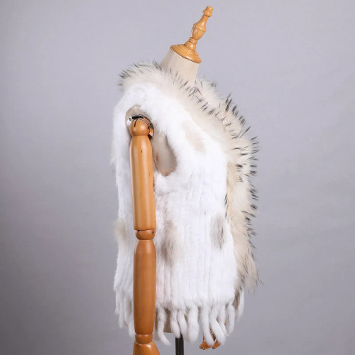 Color: Gold, Size: L - Luxury Women's Genuine Premium Long Hair Rabbit Fur Knit Vest Raccoon Fur Tr F640-12000038456018656