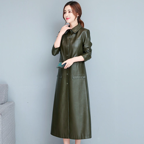 Color: Green routine, Size: 5XL - Ladies Fashion Thin Leather Trench Coat Coat Q119-CJZP160345343QJ