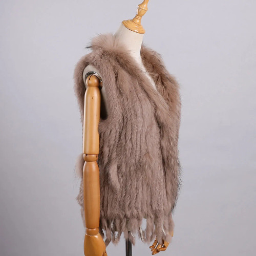 Color: Champagne, Size: XL - Luxury Women's Genuine Premium Long Hair Rabbit Fur Knit Vest Raccoon  F640-12000038456018642