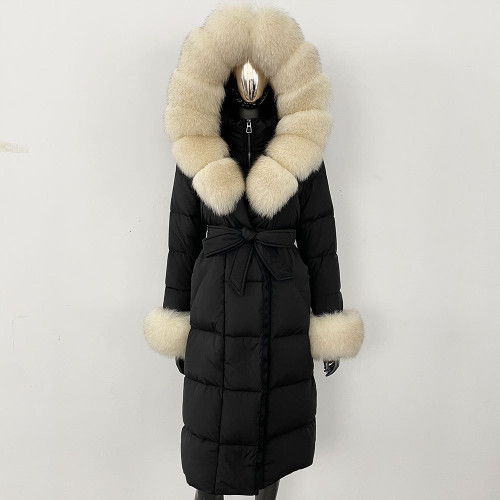 Color: Black Beige, Size: M - Thickened Long Section White Goose Down Slim Fit Women's Coat Q119-CJYD245180417QJ