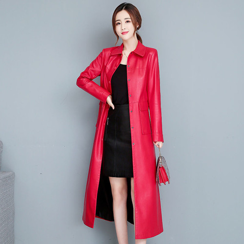 Color: Red routine, Size: 5XL - Ladies Fashion Thin Leather Trench Coat Coat Q119-CJZP160345325YB