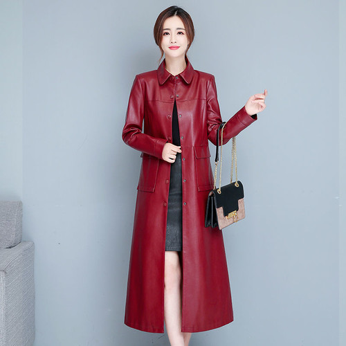 Color: Red wine routine, Size: 6XL - Ladies Fashion Thin Leather Trench Coat Coat Q119-CJZP160345317QJ