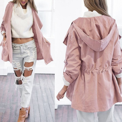 Color: Pink, Size: XL - Solid color hooded trench coat Q119-CJNSWTFY00379-Pink-XL