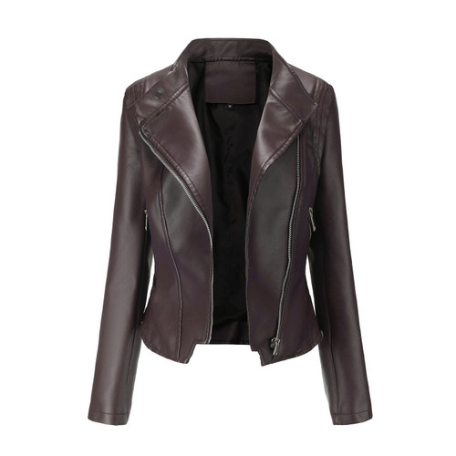Color: Brown, Size: EU 2XL - PU Lapel Women Slim-fit Leather Coat Women Q119-CJYD210764864LO