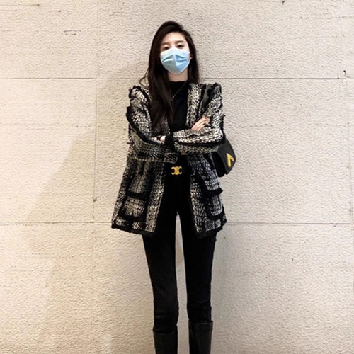 Plaid Mid-length Fleece-lined Black Wool Coat Q119-CJYD1906629