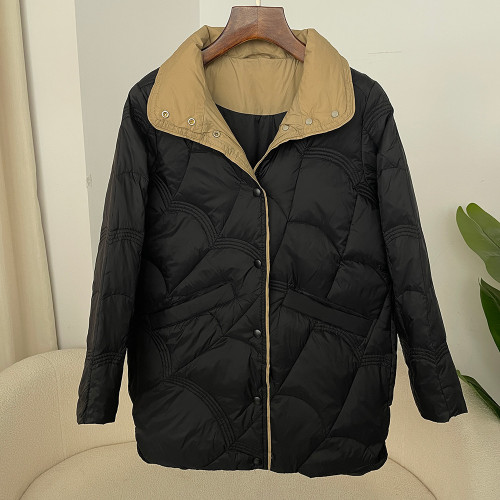 Color: Black, Size: S - Women's Mid-length White Duck Down Retro Loose Xiangyun Stand Collar Coat Q119-CJYD256493717QJ