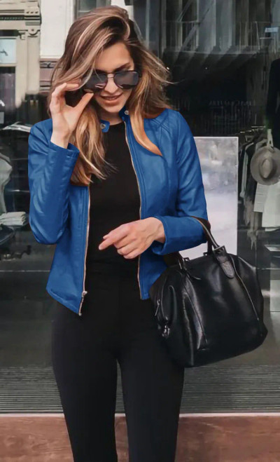 Color: Blue, Size: S - Womens Spring Full Long Sleeve Jacket Coat Autumn Leather Blazer Winter Zipp F640-12000042770972256