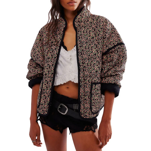 Color: army green, Size: L - Combhasaki Women's Autumn Vintage Y2K Floral Print Quilted Cardigan Pa F640-12000041705076198