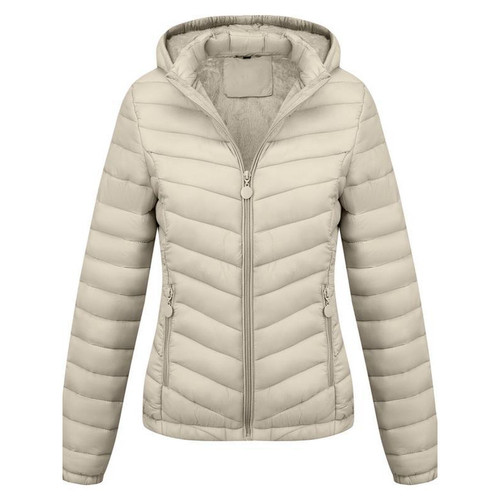 Color: Beige, Size: XL - Women's Solid-Color Zippered Hooded Winter Coat Jacket Casual Q119-CJXZ263405723WD