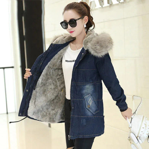 Color: Blue, Size: XXL - 2019 New Plus Velvet Padded Coat Women Winter Denim Jacket With Large Fur  F640-10000000705375545