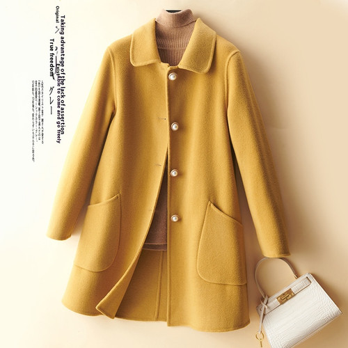 Color: Yellow, Size: M - Wool Pearl Buckle Double-faced Woolen Goods Women's Doll Collar Mid-length Q119-CJQB252985617QJ