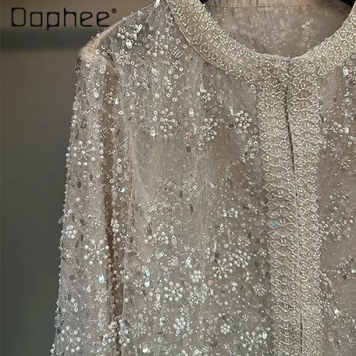 Luxury Beading Coat Women Heavy Industry Sequined See Through Long Sleeve Round Collar Short Tops S F640-3256807308162411