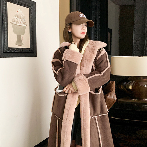 Retro Coffee Color Loose Lapels Single-breasted Stitching Fur Integrated Large Coat Q119-CJQB2004808