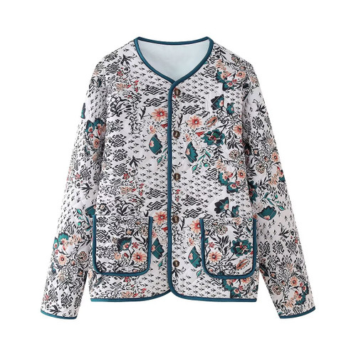 V-neck Fashion Printed Double Pocket Cotton Coat Jacket Q119-CJJK2098915