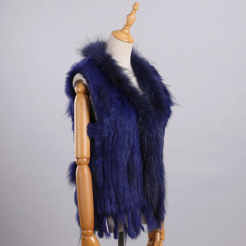 Color: ROYAL BLUE, Size: XXL - Luxury Women's Genuine Premium Long Hair Rabbit Fur Knit Vest Raccoo F640-12000038456018638