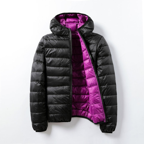 Color: Black Purple, Size: XXL - Thin Lightweight Short Type White Duck Down Thin Hooded Jacket Q119-CJYD247573804DW
