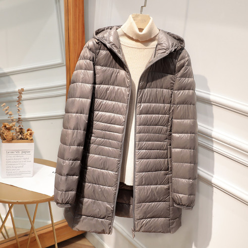 Color: Silver Gray, Size: 6XL - Down Jacket Women's Mid-length Hooded Slim Fit Light Coat Q119-CJYD246743862JQ